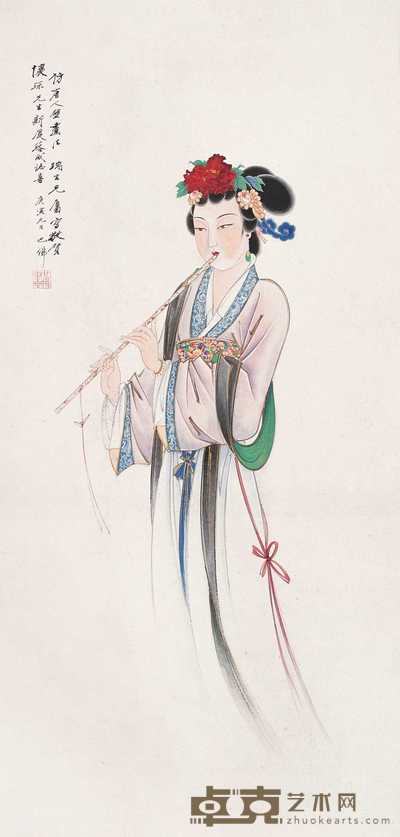 胡也佛 1950年作 吹箫仕女 立轴 100×48cm